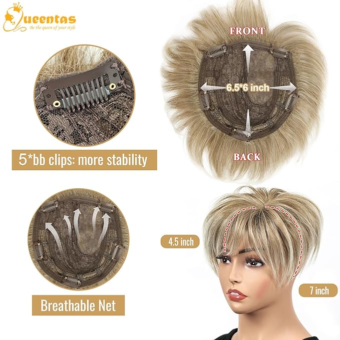 QUEENTAS Blonde Hair Topper for Women with Thinning Hair 6.5"*6"Large Coverage Short Synthetic Pieces with 5 Clips in Wiglets(Ombre Blonde)