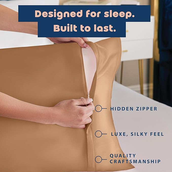 BLISSFORD Luxury Satin Pillowcase for Hair – Queen Satin Pillowcase with Zipper, Camel (Pillowcase Set of 2)