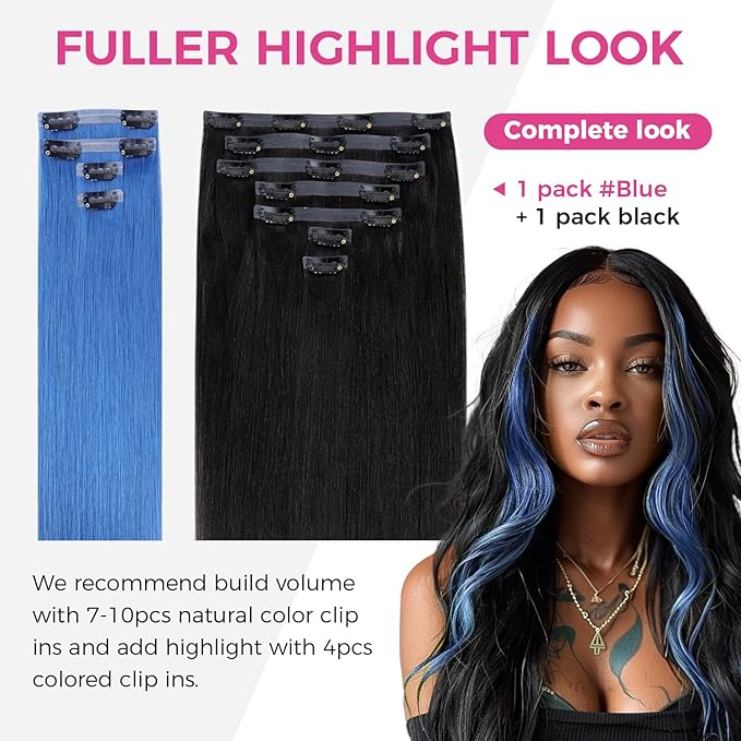 Lashey Seamless Clip in Hair Extensions Human Hair 58g 4pcs Blue Clip in Hair Extensions Real Human Hair with Invisi Edge 24 Inch Long Straight