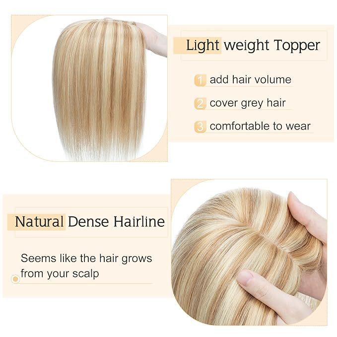 SEGO Human Hair Toppers for Women With Thinning Hair, 7 * 13CM Silk Base 100% Real Human Hair Clip in Top Wiglet Hairpieces -8 Inch No Bangs Golden Brown&Bleach Blonde