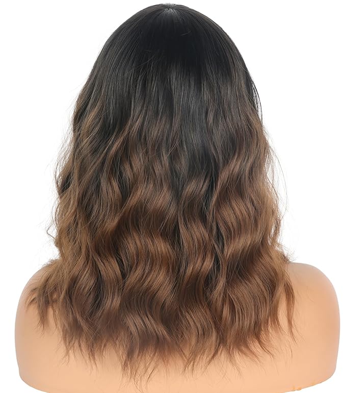 Short Wavy Wig with Bangs for Women Shoulder Length Brown Synthetic Wigs Natural Wavy Black To Brown Wigs Heat Resistant for Daily Party Use