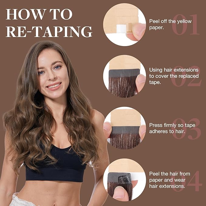 GOO GOO Tape in Hair Extensions Human Hair, 5 Light Ash Brown, 20inch 50g 20pcs, Skin Weft Seamless Invisible, Silky Straight with Thick Ends, Remy Human Hair