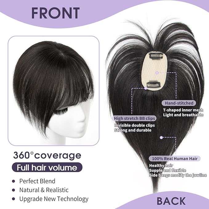 10 Inch Real Human Hair Topper with Bangs for Women Covers Thinning Crown, Clip-In Hair Topper for Thinning Hair (Natural Black)