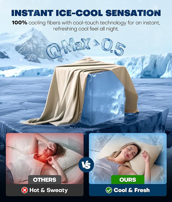 Ultra-Chill Cooling Pillowcase Set of 2 for Hot Sleepers, Softer Than Silk Pillow Cases for Protecting Hair & Skin, Breathable Bed Pillow Covers w/Zipper, Gifts for Women & Men(Beige, Queen)