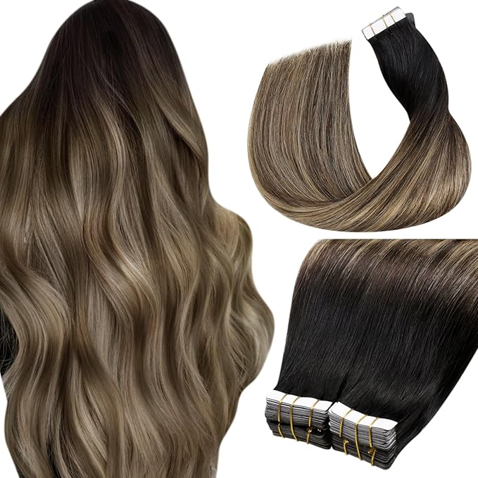 LaaVoo Tape in Hair Extensions Human Hair Ombre Hair Extensions Tape in Black to Brown Mix Caramel Blonde Tape on Extension Seamless 18 Inch 40pcs 100g