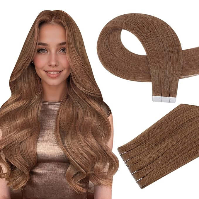 Full Shine Injected Tape in Hair Extensions Human Hair Color 330 Orange Intact Human Hair Machine Remy Invisible Tape in Hair Extension 12.5Grams 5Pcs 22 Inch No Knots in Winter for Christmas