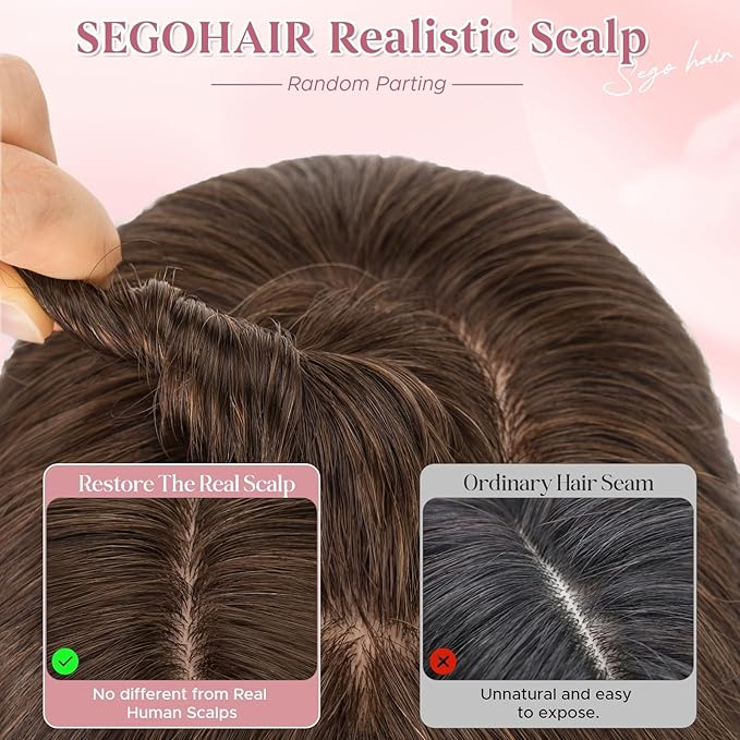 Real Human Hair Toppers for Women 3.54"*4.72" Silky Base 150% Density No Bangs Adjustable Parting Clip-In Topper Hairpieces for Women with Thinning Hair 14 Inches Dark Brown