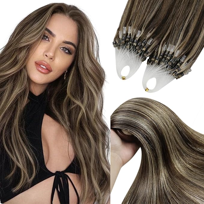 YoungSee Micro Bead Hair Extensions Real Human Hair Brown Highlight Micro Ring Hair Extensions Dark Brown Highlight Blonde Microlink Hair Extension Human Hair Beaded Hair Extension 18In 50s 50g