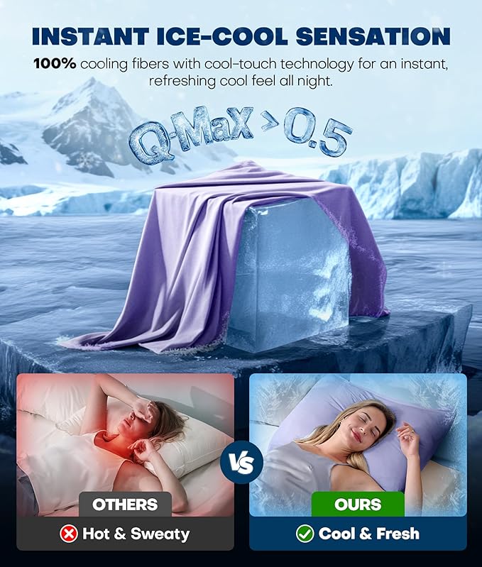Ultra-Chill Cooling Pillowcase Set of 2 for Hot Sleepers, Softer Than Silk Pillow Cases for Protecting Hair & Skin, Breathable Bed Pillow Covers w/Zipper, Gifts for Women & Men(Purple, Standard)
