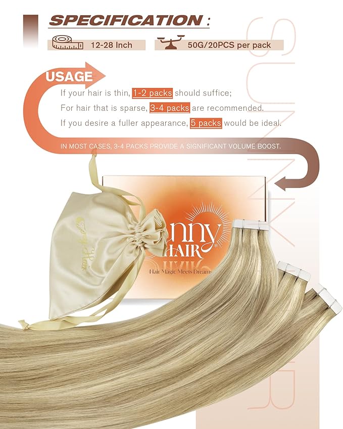 Sunny Hair Tape in Hair Extensions Real Human Hair Invisible Remy Hair Extensions Tape ins for Women Golden Blonde Highlight Medium Blonde 18 inch 20Pcs 50G