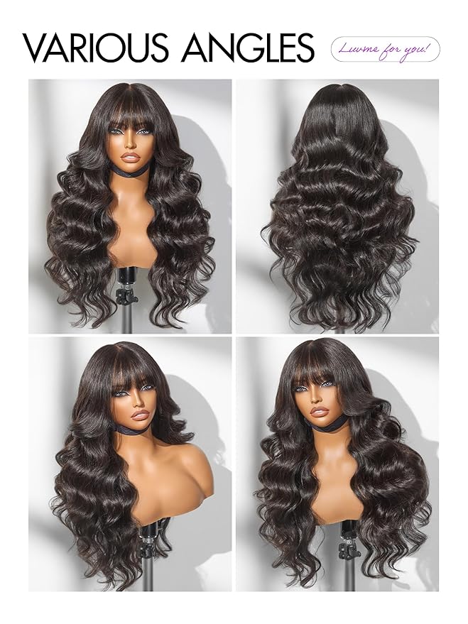 LUVME HAIR 7x6 HD Lace All-Day Comfort Wig with Bangs 200% Density Hair PartingMax Lace Wigs Loose Body Wave Lace Front Wigs Human Hair Pre Cut Plucked Lace Frontal Glueless 18 Inches