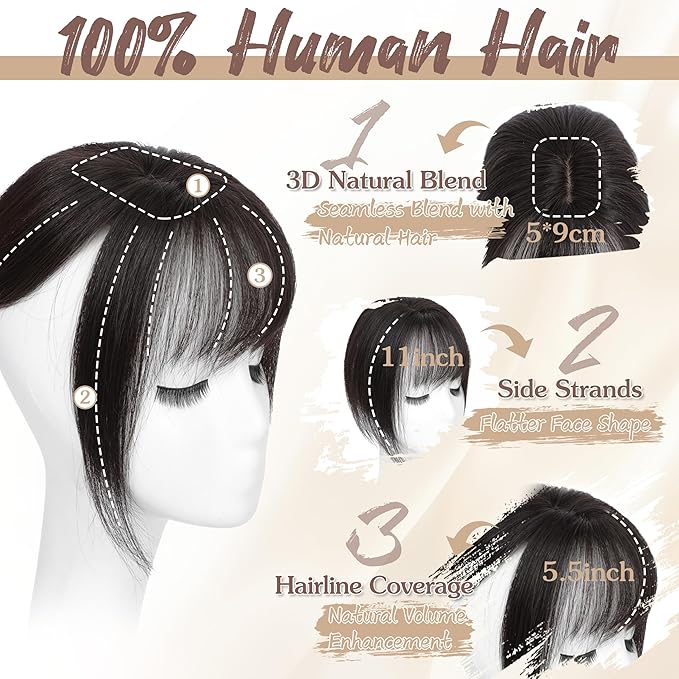 Hair Toppers for Women Real Human Hair - 360° Coverage Brown Black Clip In Topper with Bangs for Thinning Hair Upgraded 5×9 cm Silk Base Ideal for Everyday Use