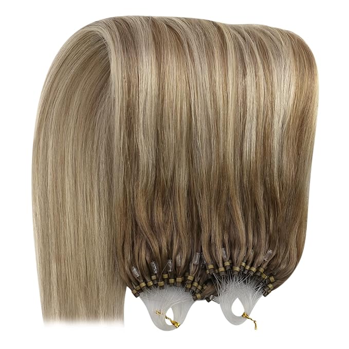 YoungSee Micro Link Hair Extensions Human Hair Balayage Blonde Micro Bead Hair Extensions Real Human Hair Light Brown Ombre Platinum Blonde Microloop Hair Extension 18In for Wedding 50g 50s