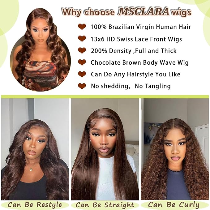 200% Density 13x6 Body Wave HD Lace Front twigs Human Hair Chocolate Brown Lace Front Wig Pre Plucked for Women Brown Wigs Human hair 22inch