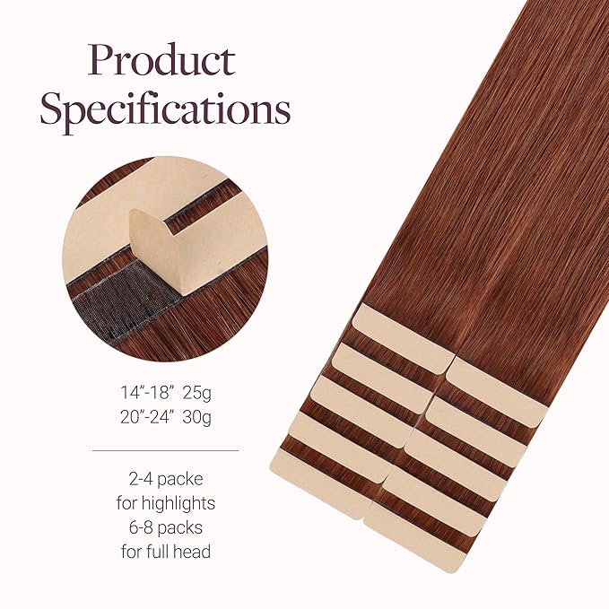 GOO GOO Tape in Hair Extensions Human Hair, #33B Dark Auburn Copper, 24inch 30g 10pcs, Skin Weft Seamless Invisible, Silky Straight with Thick Ends, Remy Human Hair