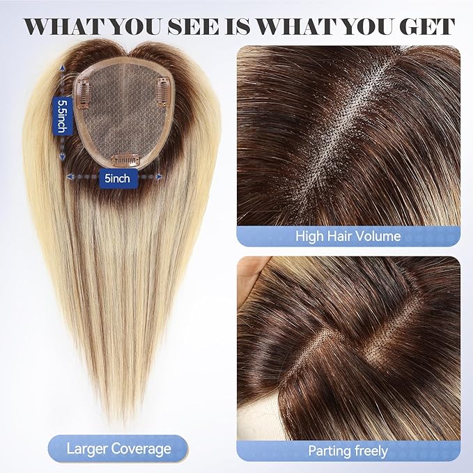 HAIRCUBE Hair Toppers 100% Real Human Hair,Ombre Blonde with Brown Highlight, 5.5"*5"MONO Large Base, 56g Hand-moven Real Human HairToppers for Women with ThinningHair