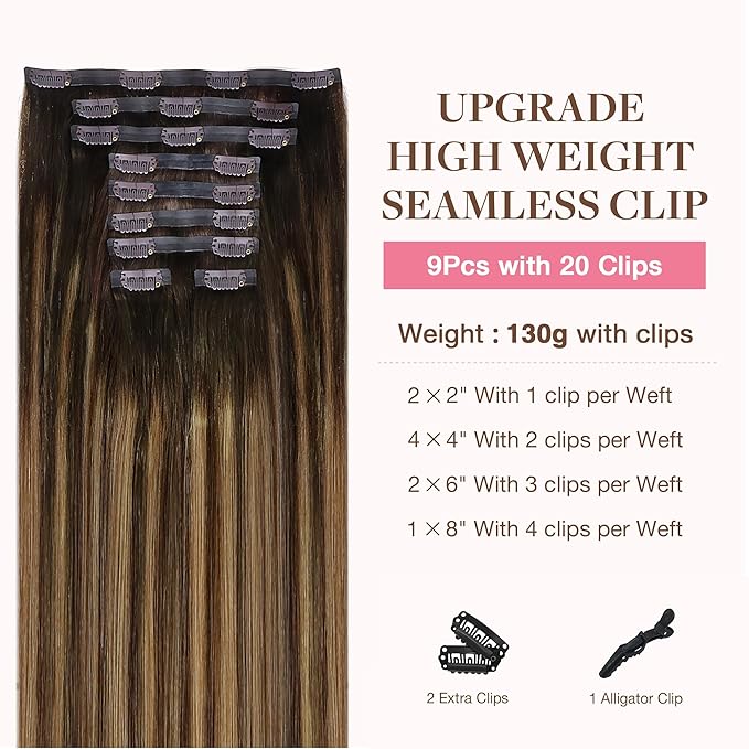 GOO GOO Clip in Hair Extensions Real Human Hair, Remy Human Hair Extensions Clip ins for Women, Natural Human Hair, 20inch 180g 9Pcs, #4/27/4 Balayage Chocolate Brown to Caramel Blonde