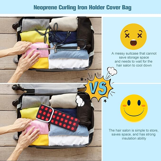 Women's Heat Resistant Neoprene Curling Iron Holder Flat Iron Curling Wand Travel Storage Cover Case Bag Pouch -Water-Resistant (Red lattice)