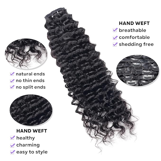 Seamless Clip in Hair Extensions Real Human Hair Deep Wave Brazilian Virgin Human Hair Clip in Extensions for Women 8Pcs PU Remy Hair Skin Weft with 18Clips 120g 24inch Natural Black