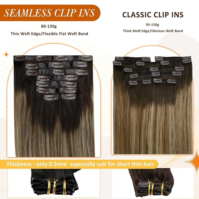Full Shine Brown Clip in Hair Extensions Balayage Seamless Hair Extensions Clip in Dark Brown Ombre Medium Brown Mix Caramel Blonde Clip ins Remy Hair 18 Inch 120G 8 PCS