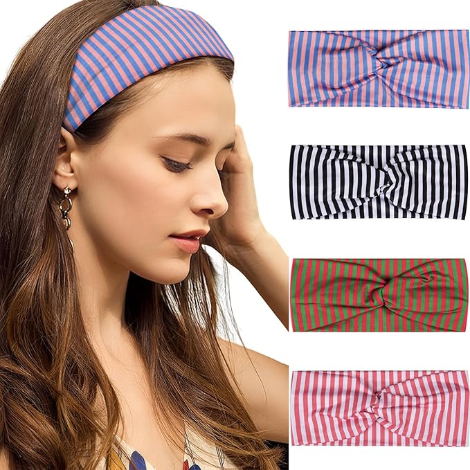 4pcs Head Bands for Women's Hair Non Slip Striped Knotted Wide Headbands for Women Wraps Elastic Stretchy Fashion Bandanas Workout Yoga Running Hair Bands for Women's Hair Accessories