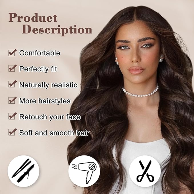 NAYOO Long Brown Wavy Wig for Women 26 Inch Middle Part Curly Wavy Wig Natural Looking Synthetic Heat Resistant Fiber for Daily Party (Brown with Highlights)