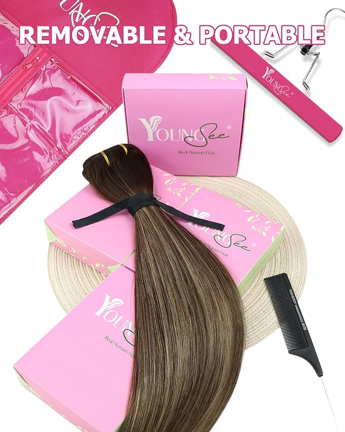 YoungSee 150G Clip in Hair Extensions Real Human Hair Balayage Brown Hair Extensions Clip ins Clip on Extension Real Human Hair Long Straight Hair Balayage Chocolate Brown Mix Caramel Blonde 24in 7pcs