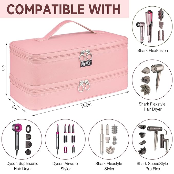 Travel Carrying Case Compatible with Shark Flexstyle Styler/FlexFusion/Hair Dryer,Double-Layer Hair Hot Tools Storage Bag Fits for Dyson Airwrap Styler/Supersonic Hair Dryer,Pink-Bag Only