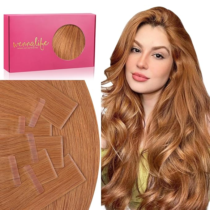 WENNALIFE Invisi Edge & Classic Tape in Hair Extensions Human Hair, 18 Inch 100g 40pcs(20pcs Invisi Edge & 20pcs Classic) Auburn Ginger Invisible Luxury Remy Hair Natural Seamless Injected Tape Ins