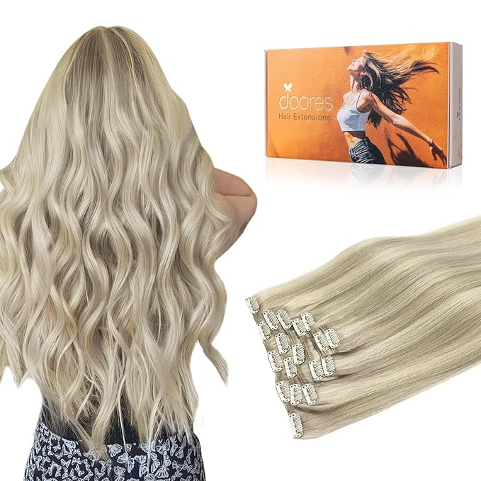 DOORES Clip in Hair Extensions Remy, Ash Blonde Highlighted Platinum Blonde 135g 7pcs 18 Inch, Natural Extensions Real Human Hair Clip ins Straight Thick Weft
