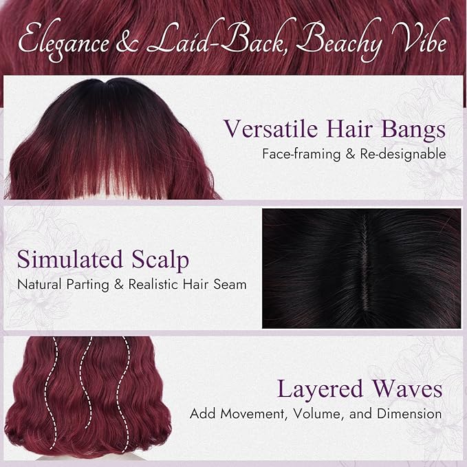BARSDAR Red Ombre Short Wavy Wig with Bangs - Short Wavy Black to Red Ombre Wig for Women - Soft Synthetic Fluffy Curly Textured French Bob Wigs with Bangs Natural Looking Face-Framing