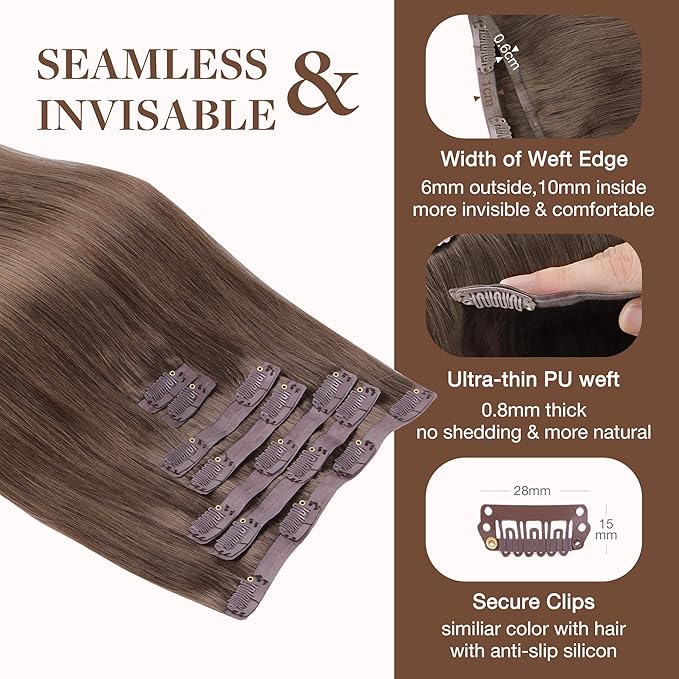 GOO GOO Clip in Hair Extensions Real Human Hair, Remy Human Hair Extensions Clip ins for Women, Natural Human Hair, 24inch 140g 7Pcs, #5 Light Ash Brown