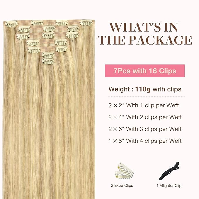 GOO GOO Clip in Hair Extensions Real Human Hair, Remy Human Hair Extensions Clip ins for Women, Natural Human Hair, 20inch 130g 7Pcs, #18D/22F Dirty Blonde Highlights