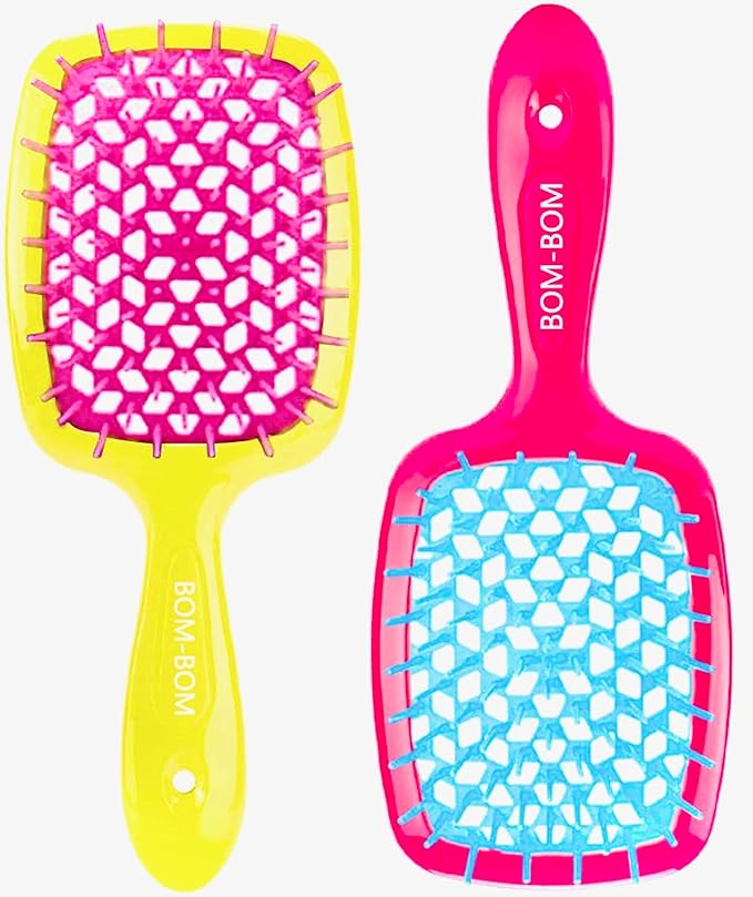 BOM BOM 2 Unit Kit, Wet And Dry Vented Detangling Hair Brush For All Hair Types, Light Weight Hairbrush, Scalp Massage Brush (Pink blue yellow)