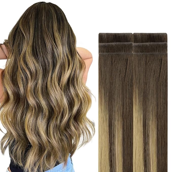 GOO GOO Invisi Edge Tape in Hair Extensions Human Hair, 4/27/4 Balayage Chocolate Brown to Caramel Blonde, 6pcs 20inch 18g, Virgin Remy Hair, Seamless Injected Tape, Natural Look