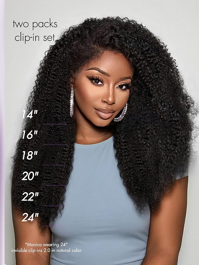 LUVME Invisible Clip ins Hair Extensions Deep Kinky Curly Real Human Hair Remy Hair Clip ins for Women, Natural Human Hair,20 inch 2 Pack 220g 12Pcs, Natural Black