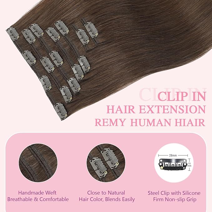 PINKPEARL Human Hair Clip in Hair Extensions 20inch #4 Chocolate Brown Clip in Hair Extensions Real Human Hair 7pcs 120g Natural Human Hair Clip ins for Women(#4-20)