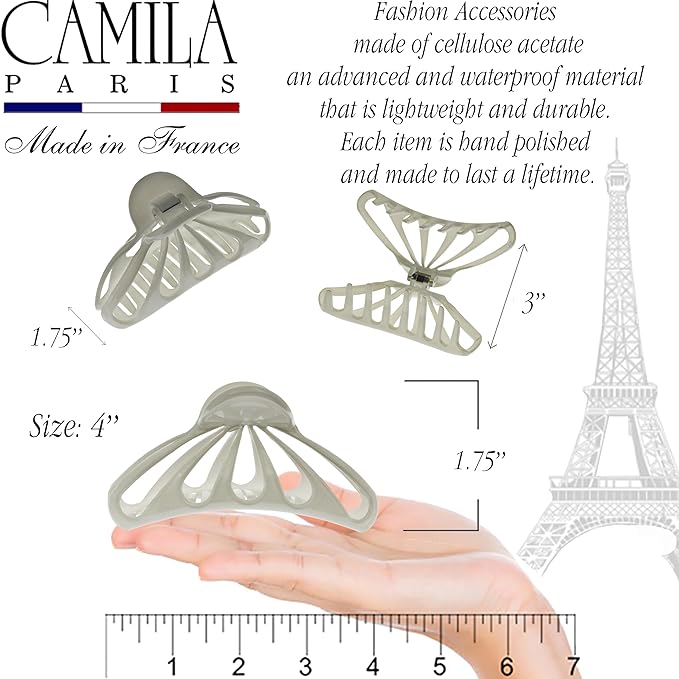 Camila Paris CP3637 French Hair Clip for Women Thick Hair for Long Curly Wavy Hair, Gray, Girls Hair Claw Clips Fashion Styling Hair Accessories for Women, Strong Hold No Slip Grip, Made in France
