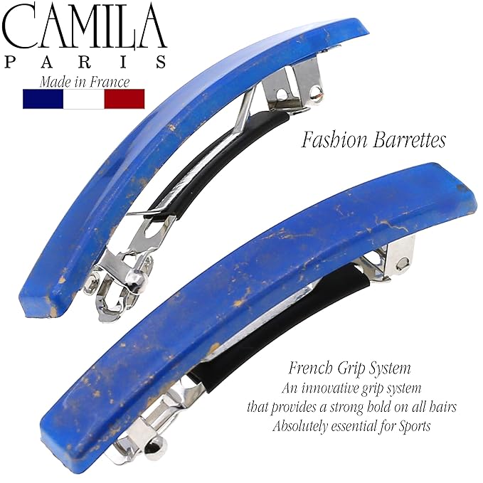 Camila Paris CP3042 French Hair Barrette Clip for Girls, Set of 2 Blue Rubberized Metal Clasp Strong Hold Grip Hair Clips for Women, No Slip Durable Styling Girls Hair Accessories, Made in France