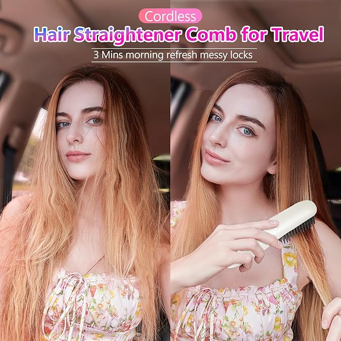 LCD Screen Cordless Hair Straightener Curler 2 in 1, Portable Mini Hair Straightening Brush for Travel Negative Ionic Fast Heating Hot Comb for Women, Folding Brush with Mirror, White