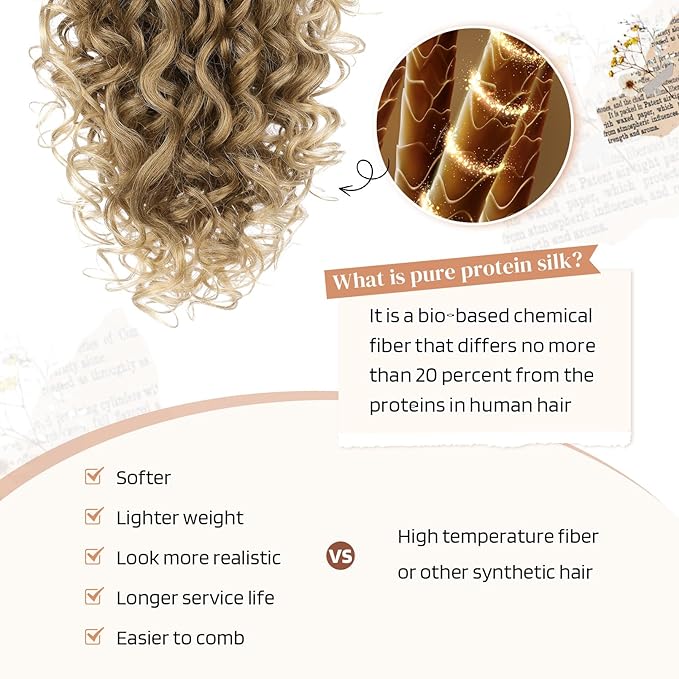 Flufymooz 100％ Pure Protein Ponytail Extension, 18 Inch Curly Claw Clip Ponytail Hair Extensions Natural Soft pony tail hairpiece for women-Dark Blonde