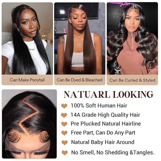 13X6 Lace Front Wigs human hair, 100% Real Human Hair,[More 1 Year Life,210-310g], Straight Wigs Human Hair Pre Plucked Glueless Wigs Human Hair for Women (24Inch)