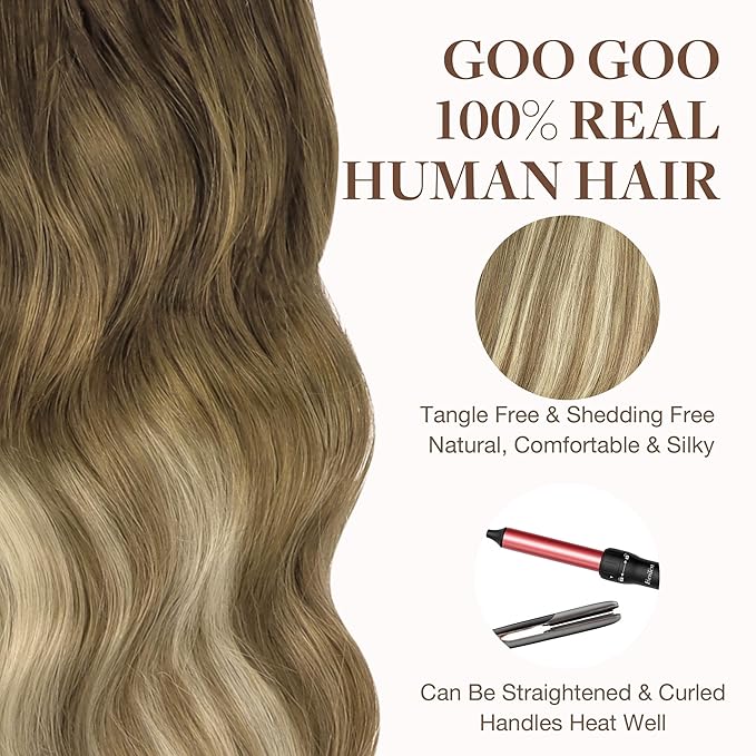 GOO GOO Tape in Hair Extensions Human Hair, 3/8/613 Walnut Brown to Ash Brown and Bleach Blonde, 14inch 100g 40pcs, Skin Weft Seamless Invisible, Silky Straight with Thick Ends, Remy Human Hair