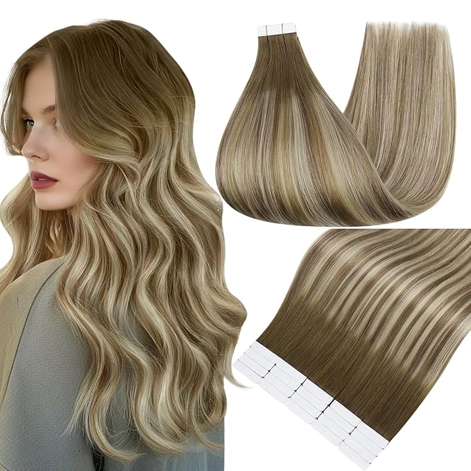 Full Shine Human Hair Extensions Tape in Color 3/6/22 Ombre Brown to Blonde 22 Inch Double Sided Remy Tape in Hair Extensions Human Hair 20PCS Natural Invisible Seamless Skin Weft 50g Add Length