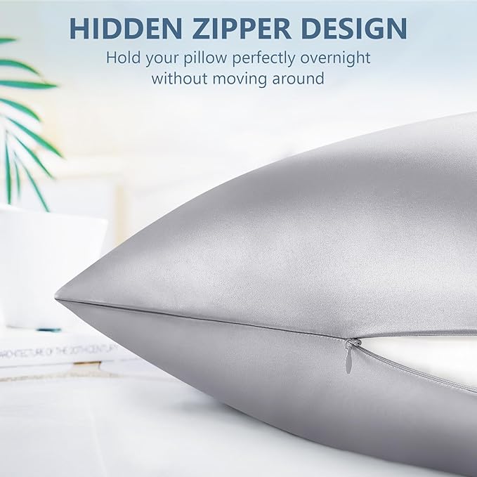 Silk Pillow Cases Standard Size 100% Mulberry Silk Pillowcase for Hair & Skin 22 Momme Both Sided Grade 6A Silk Cooling Soft Breathable 20 x 26 Inches with Hidden Zipper 1PC, Grey