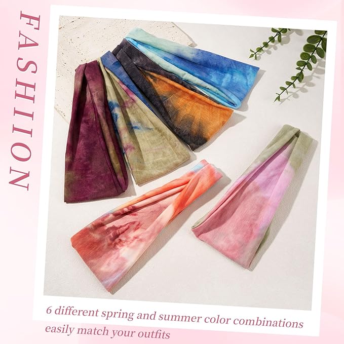 Tie Dye Headbands for Women, 6 Pack Wide Non-Slip Stretchy Hair Bands for Yoga, Workout, Running, Fashion Hair Accessories for Women's Hair（Shape 4）