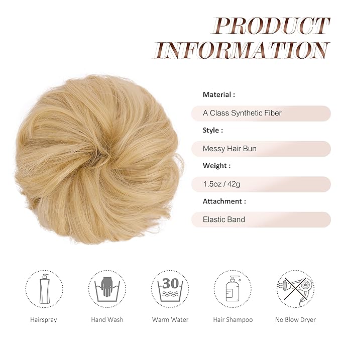 FESHFEN Messy Bun Hair Piece - Elastic Wavy Curly Hair Bun Scrunchies Extensions Synthetic Chignon Hairpieces for Women, Champagne Blonde 1.5 oz