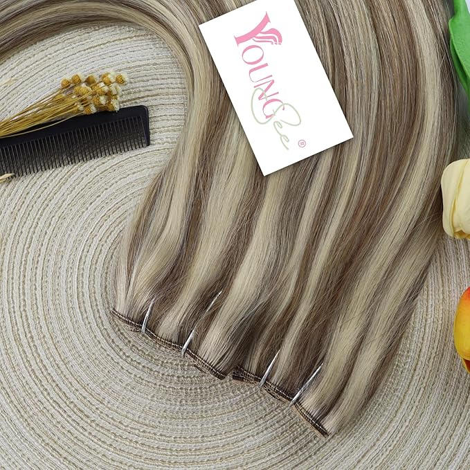 YoungSee 135G Wire Hair Extensions Blonde Fish Line Human Hair Extensions Platinum Blonde with Light Brown Highlights One Piece Hair Extension 24Inch