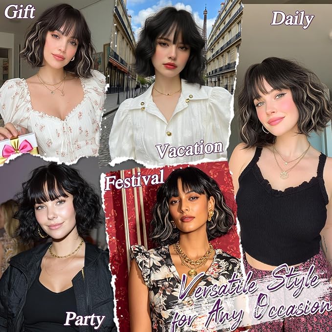 BARSDAR Short Wavy Wig with Bangs - Short Wavy Brown Blonde Highlights Wig for Women - Fluffy Soft Synthetic Curly Textured French Bob Wigs with Bangs Natural Looking Face-Framing Daily