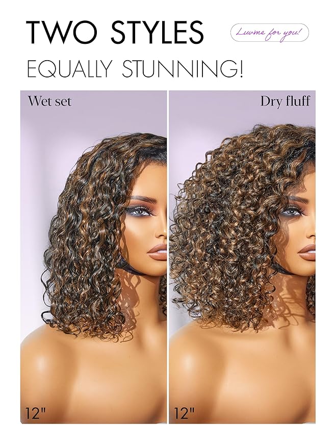 LUVME HAIR 100% Human Hair Wigs Curly Deep Wave Glueless Lace Front 12 Inches Pre Cut Plucked Hd Lace Short Wig Ready To Go Highlight Color Straight Bleached Knots Side Part Black Wigs
